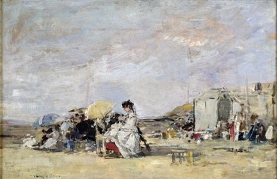 Mulher de branco na praia de Trouville, 1869 (óleo no cartão) de Eugene Louis Boudin